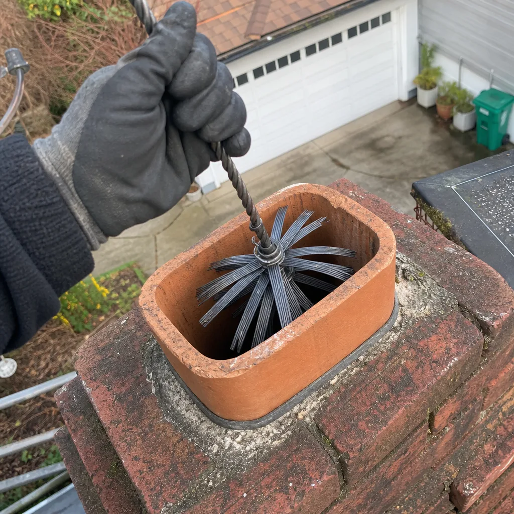 Professional chimney sweep cleaning a residential brick chimney flue with wire brush