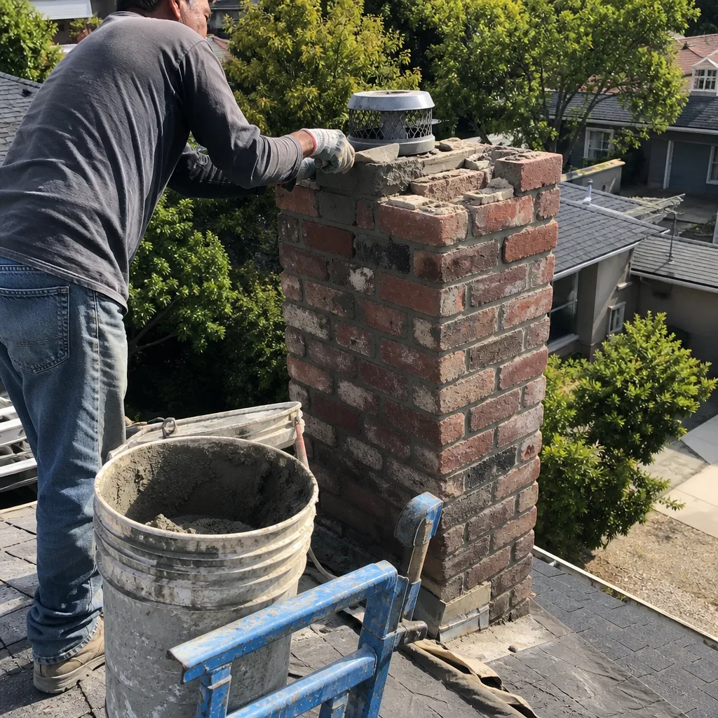 Professional bricklayer repairing a chimney crown on a residential rooftop