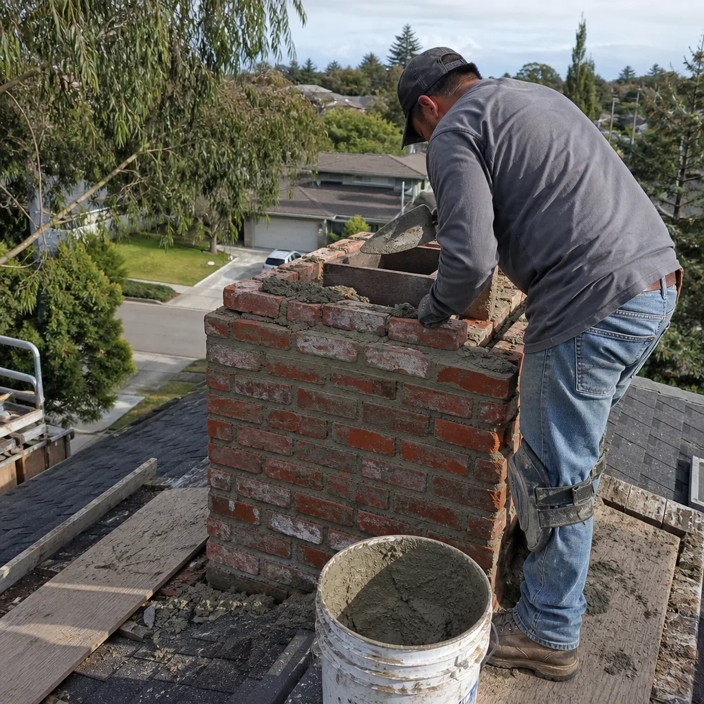 Professional construction worker performing brick chimney repair on a residential roof.