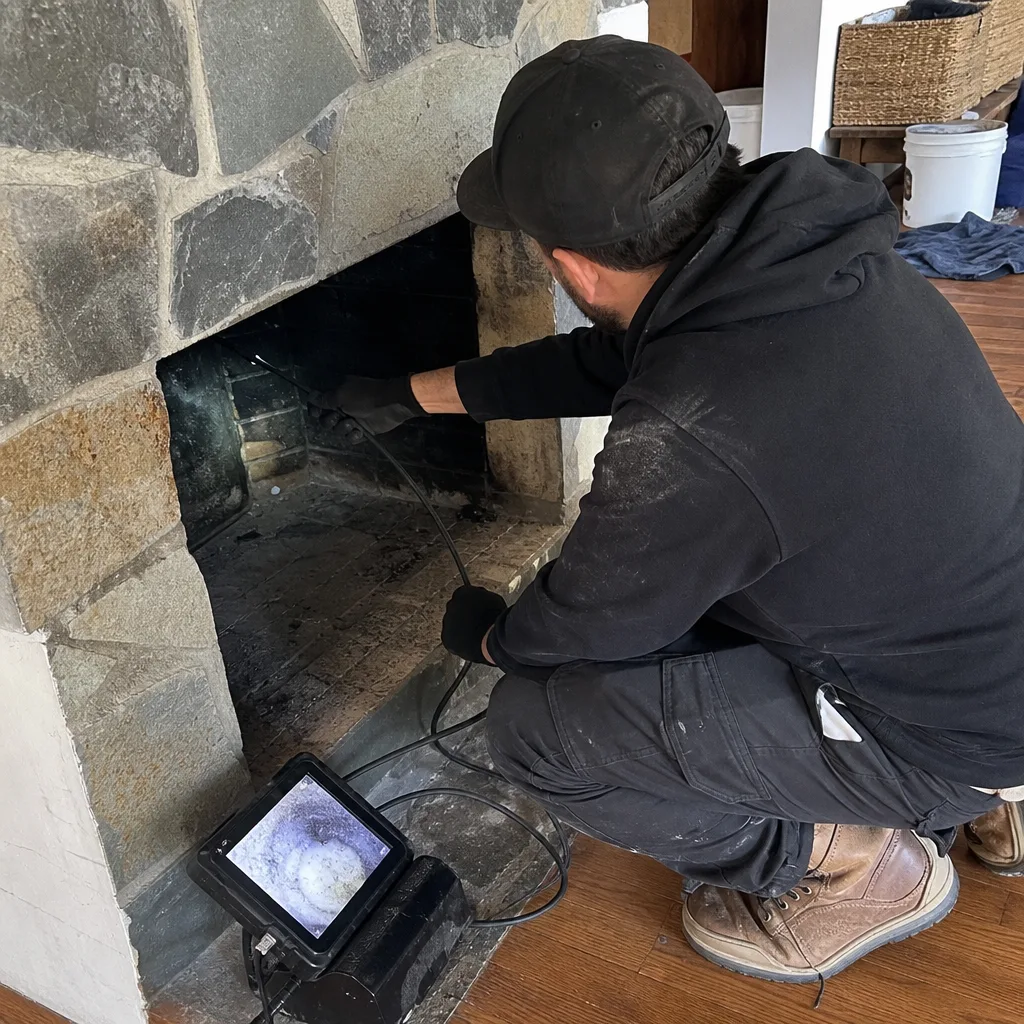 Professional chimney sweep performing a fireplace inspection with a camera system.