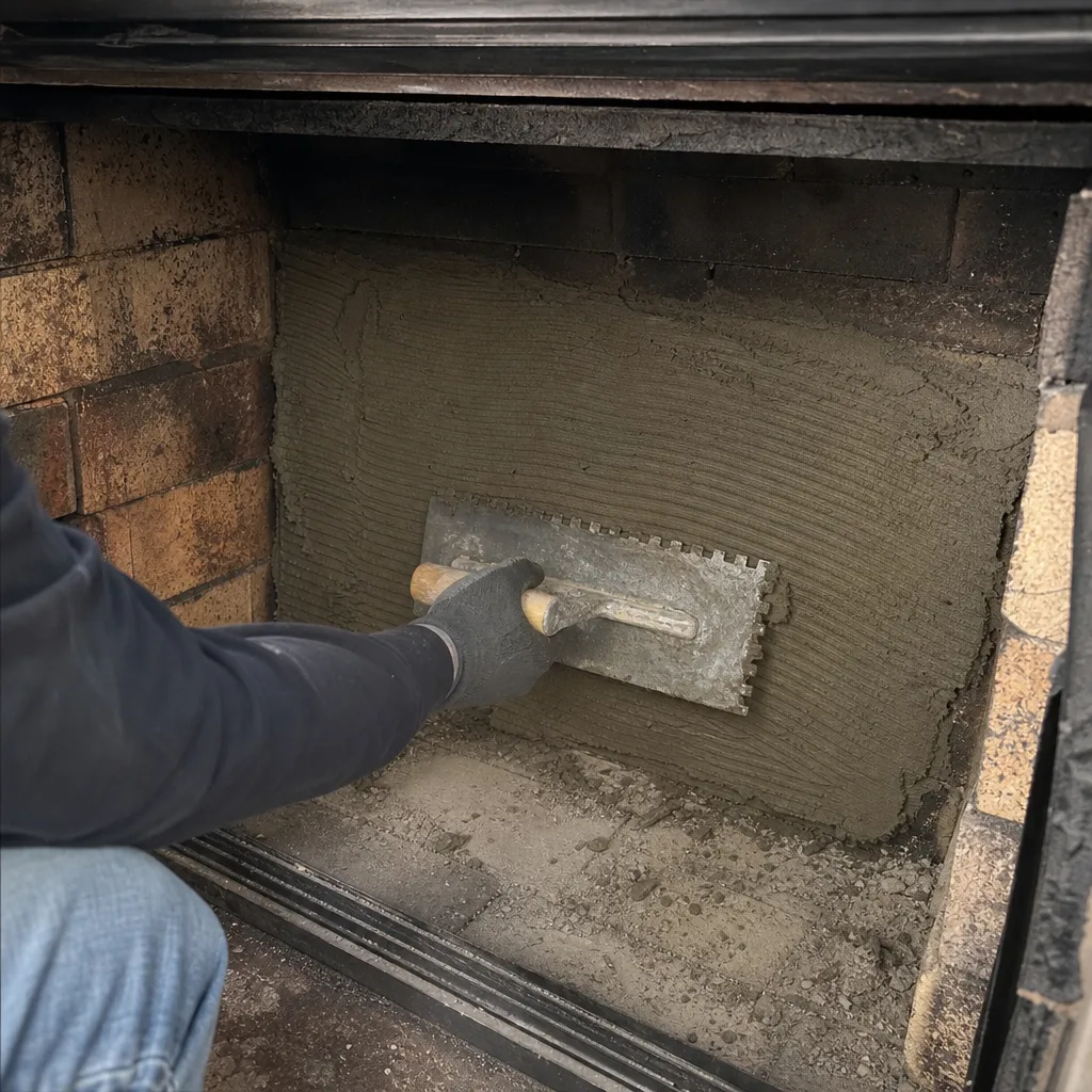 Professional applying mortar to fireplace interior with a notched trowel