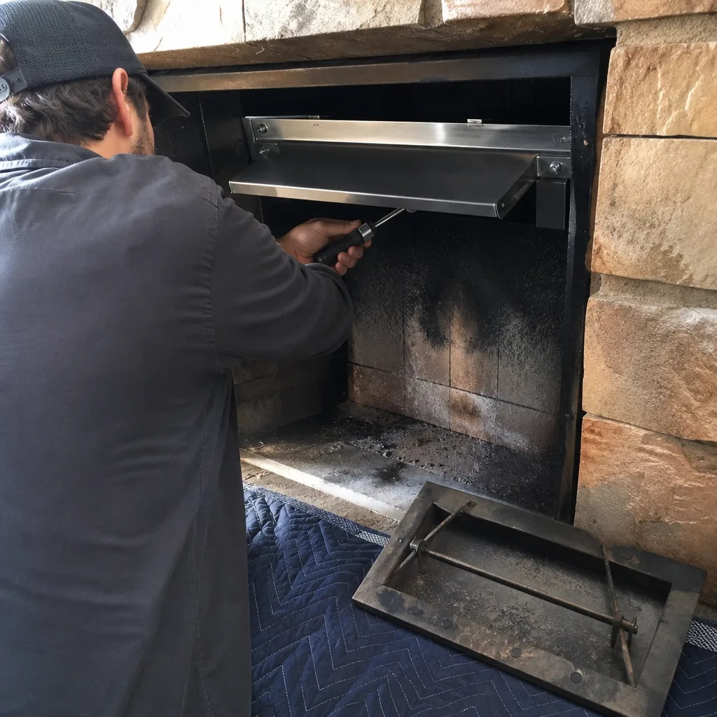 Technician installing a stainless steel fireplace damper during chimney maintenance